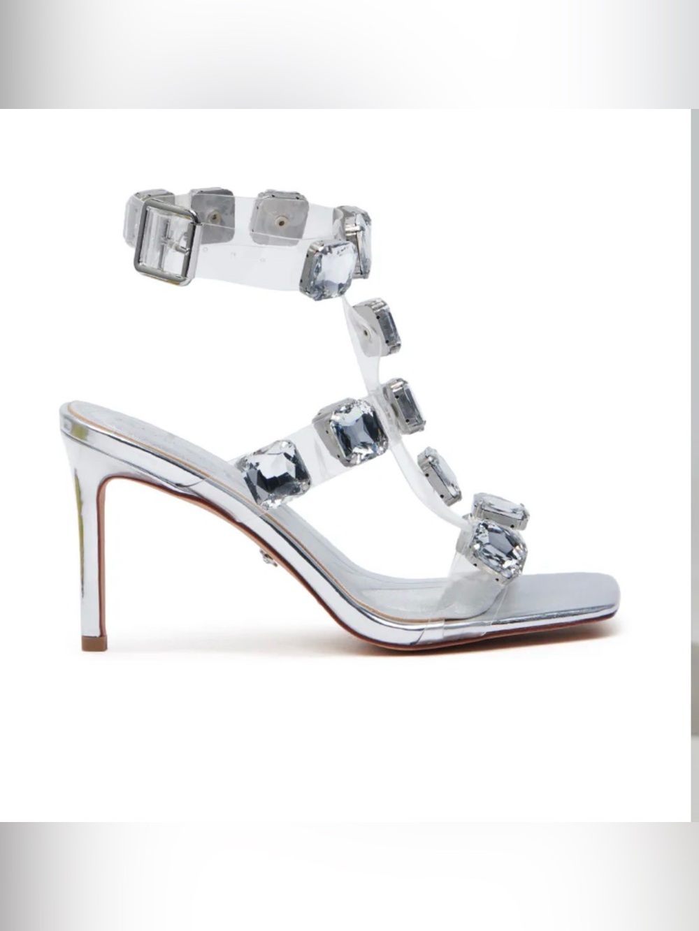Clear Strappy Gemstone High Heel Sandal - Silver
